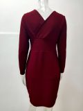 Winter Burgunry Knit V-Neck High Waist Wrap Midi Dress