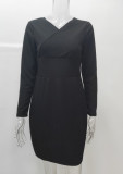 Winter Black Knit V-Neck High Waist Wrap Midi Dress