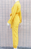 Autumn Sexy Deep-V Yellow Jumpsuit with Belt