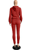 Winter Red Long Sleeve Hooded Sweatsuit with Pocket