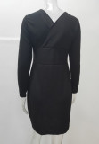 Winter Black Knit V-Neck High Waist Wrap Midi Dress