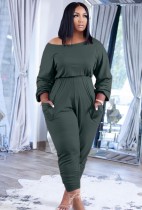 Autumn Casual Green Stacked Jumpsuit with Pockets