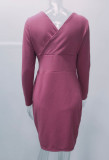 Winter Purple Knit V-Neck High Waist Wrap Midi Dress