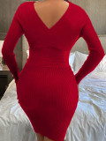 Winter Red Knit V-Neck High Waist Wrap Midi Dress