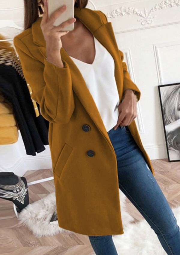 Winter Tan Turndown Collar Slim Long Jacket Coat with Pocket