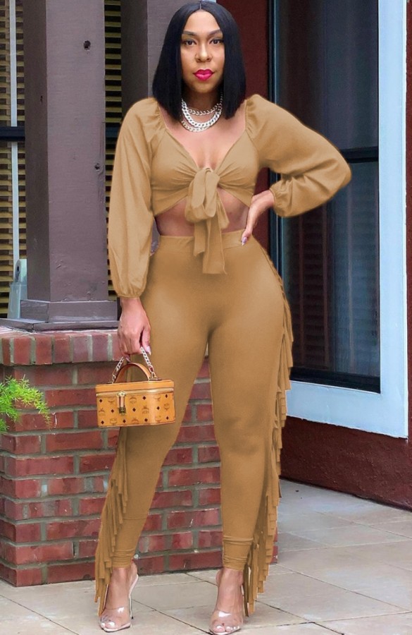 Autumn Party Sexy Khaki Knotted Crop Top and Ruffles Pants Set