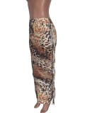 Autumn Leopard Print High Waist Ruffles Long Curvy Skirt