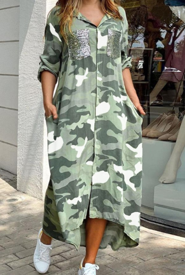 Autumn Casual Camo Print Long Blouse Dress with Sequin Pockets