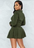 Autumn Casual Green Knotted Blouse and Pleated Skirt Set