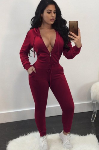 Winter Red Velour Zipper Hoodies and Pants 2 Piece Tracksuit