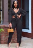Autumn Party Sexy Black Knotted Crop Top and Ruffles Pants Set
