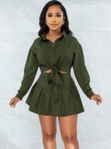 Autumn Casual Green Knotted Blouse and Pleated Skirt Set