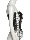 Autumn Black Leather Lace-Up Sexy Strapless Party Top
