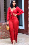 Autumn Party Sexy Red Knotted Crop Top and Ruffles Pants Set