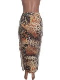 Autumn Leopard Print High Waist Ruffles Long Curvy Skirt