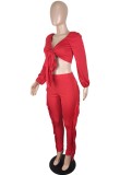 Autumn Party Sexy Red Knotted Crop Top and Ruffles Pants Set