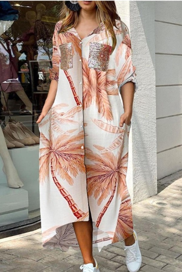 Autumn Casual Print Long Blouse Dress with Sequin Pockets