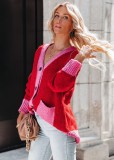 Winter Contrast Color V-Neck Sweater Coat with Pockets