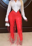 Winter Occassional Red Leather Fringe High Waist Trousers