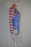 Long Sleeve Stripes Cape and Blue Strap Bodysuit 2 Piece Halloween Outfit