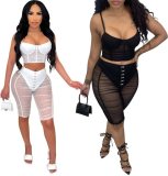Summer Party Sexy White Mesh Strap Crop Top and Shorts 2 Piece Set