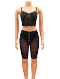 Summer Party Sexy Black Mesh Strap Crop Top and Shorts 2 Piece Set