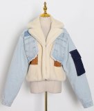 Winter Blue Denim Patch Turndown Collar Long Sleeve Fleece Jacket