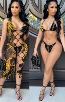 Summer Party Sexy Chains Print 3 Piece Lace-Up Dress Set