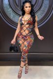 Summer Party Sexy Multi Color Print 3 Piece Lace-Up Dress Set