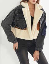 Jaqueta de lã de manga comprida com remendo de jeans preto de inverno