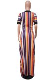 Summer Multi Color Stripes Short Sleeve Long Maxi Dress