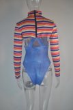 Long Sleeve Stripes Cape and Blue Strap Bodysuit 2 Piece Halloween Outfit