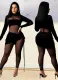 Autumn Party Sexy Mesh Patch Velour Tight Black Jumpsuit