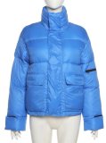 Winter Blue Zipper Turtleneck Long Sleeve Down Coat