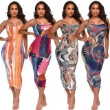 Summer Party Sexy Multi Color Print Cross Back Strap Long Bodycon Dress