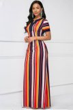 Summer Multi Color Stripes Short Sleeve Long Maxi Dress