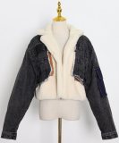 Winter Black Denim Patch Turndown Collar Long Sleeve Fleece Jacket