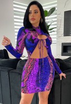 Herbst Sexy Multi Color Snake Printed Lace-up Aushöhlen Langarm Bodycon Kleid