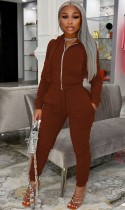 Winter Causal Brown Zipper Pocket Long Sleeve Top And Pant Two Piece Set