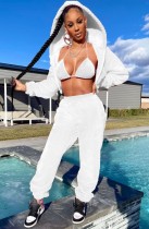 Winter Causal White Fleece Hooded Zipper Top And Bra And Pant 3 Piece Set