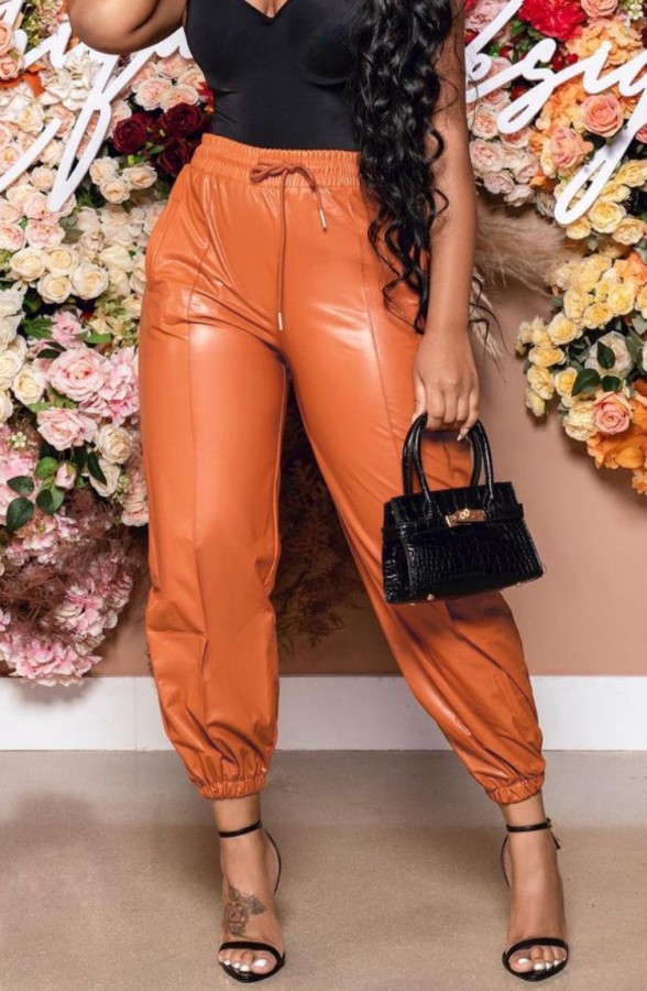 Fall Sexy Orange PU Leather High Waist Drawstring Pants