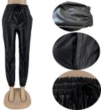 Fall Sexy Black PU Leather High Waist Drawstring Pants