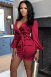 Fall Sexy Red V-Neck Satin Long Sleeve With Belt Min Dress
