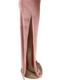 Fall Sexy Pink Velvet Long Sleeve Front Tied Crop Top and Split High Waist Pants Set