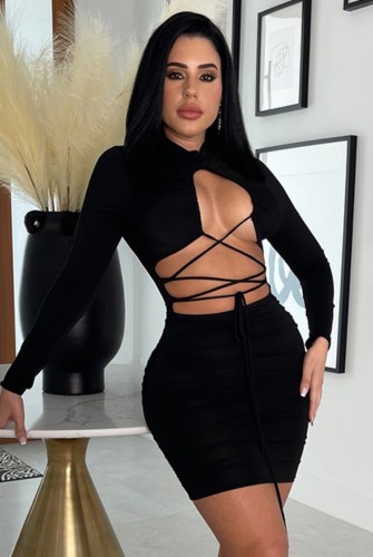 Fall Sexy Black Long Sleeve Lace-up Hollow Out Ruched Bodycon Dress