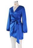 Fall Sexy Blue V-Neck Satin Long Sleeve With Belt Min Dress