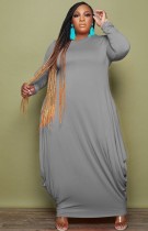 Herbst Plus Size Casual Grau Langarm Lockeres Kleid