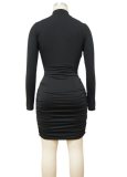 Fall Sexy Black Long Sleeve Lace-up Hollow Out Ruched Bodycon Dress