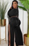 Fall Sexy Black Velvet Long Sleeve Front Tied Crop Top and Split High Waist Pants Set