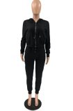 Winter Causal Black Zipper Pocket Long Sleeve Top And Pant Two Piece Set